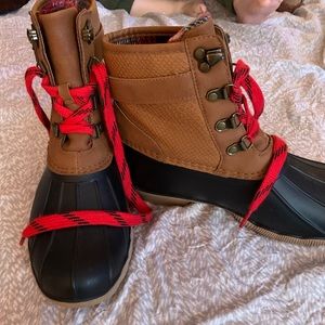 Brown and Black Ankle Boots with Red Laces